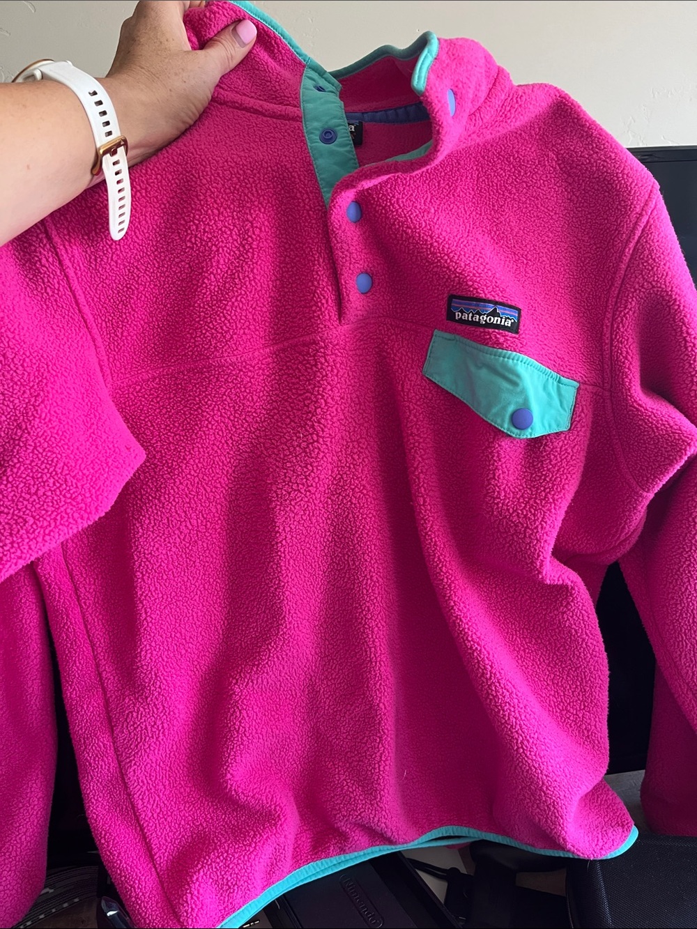 Patagonia Fleece Pullover - Hot Pink with Teal Accents